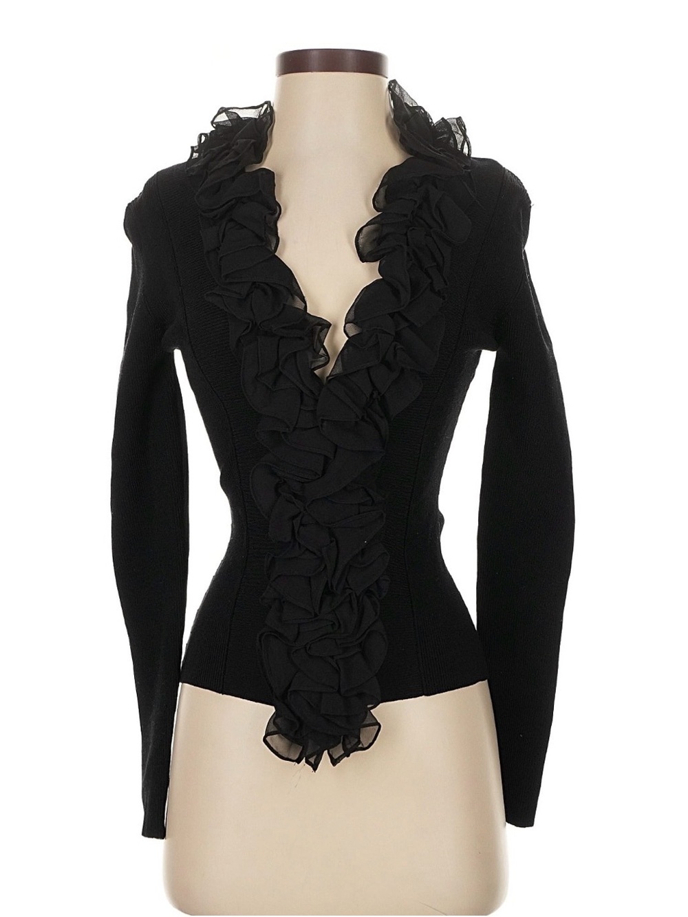 Cache Black Ruffle-Front Silk Blend Cardigan